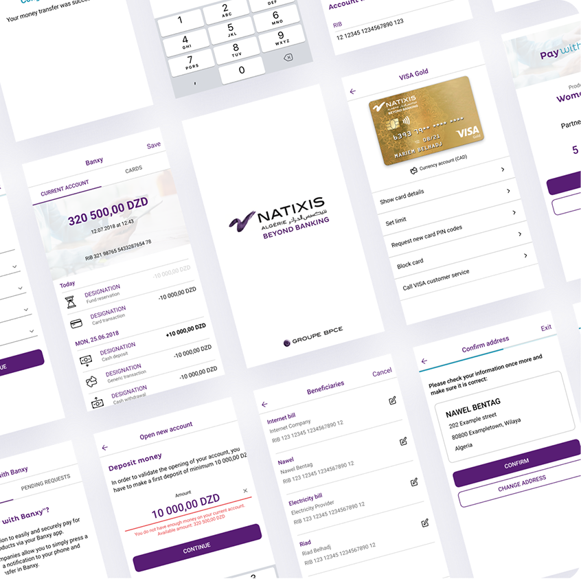 Collage of Banxy app screens showing the current account, cards, and Pay with Banxy