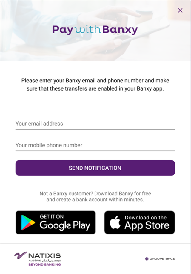 Pay with Banxy screen requesting an email and phone number to enable payments