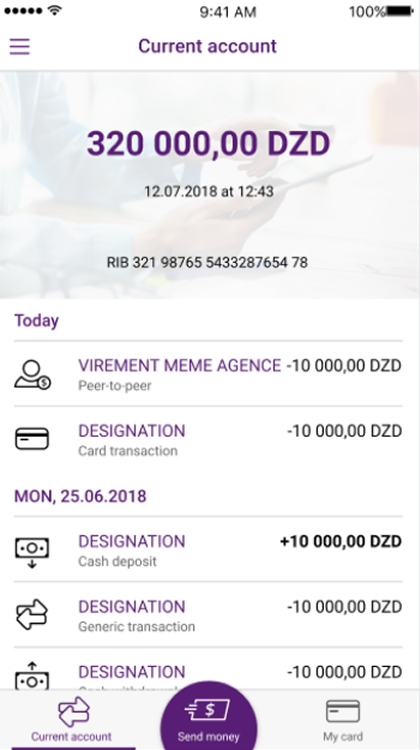 Current account screen showing balance and recent transactions