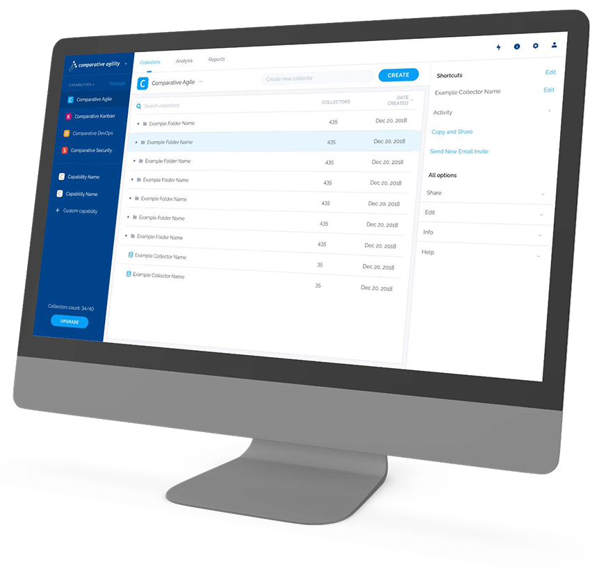 Comparative Agility web app collectors list shown on a desktop monitor