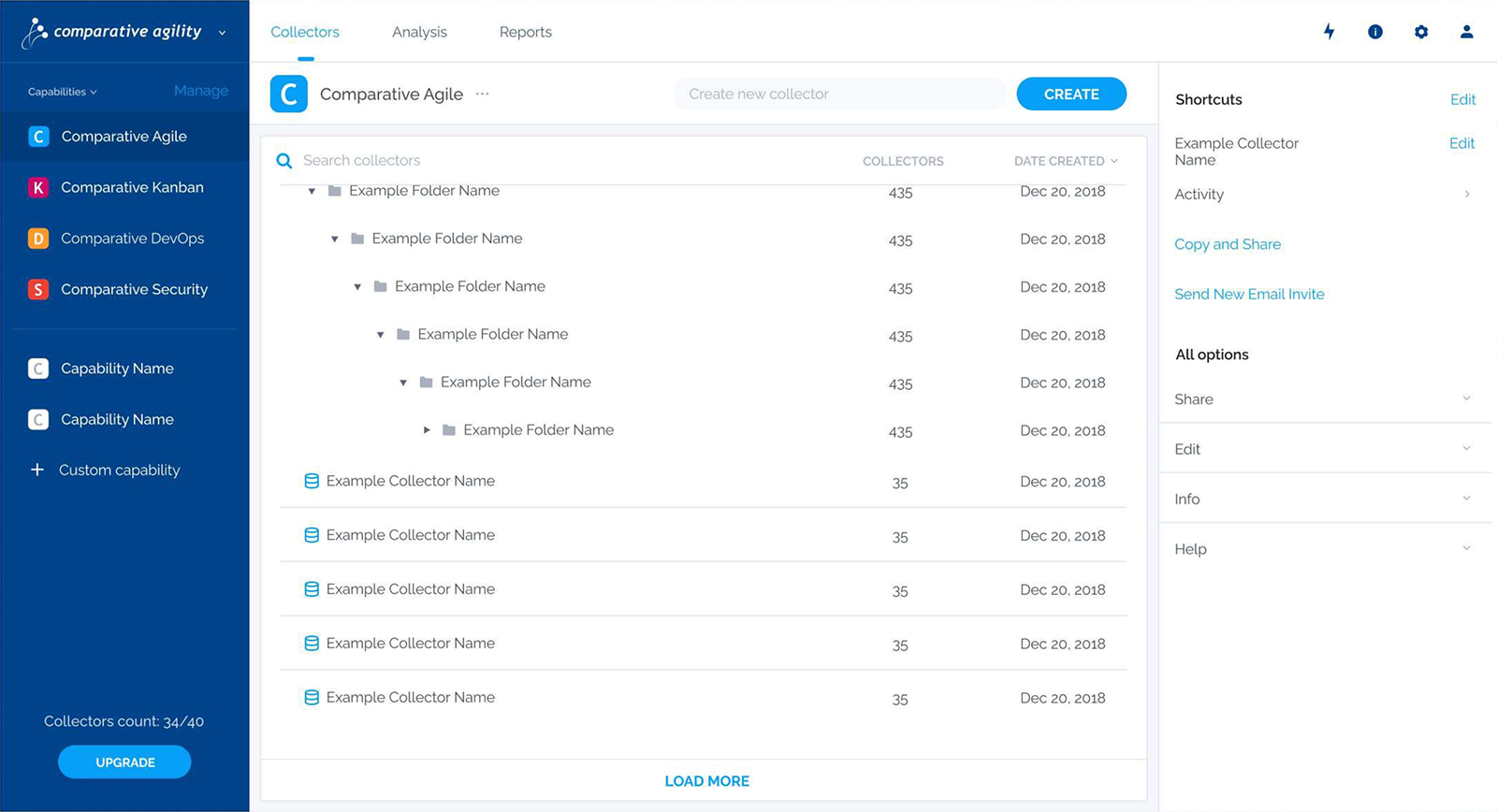 Comparative Agility web app showing an expanded folder tree of collectors