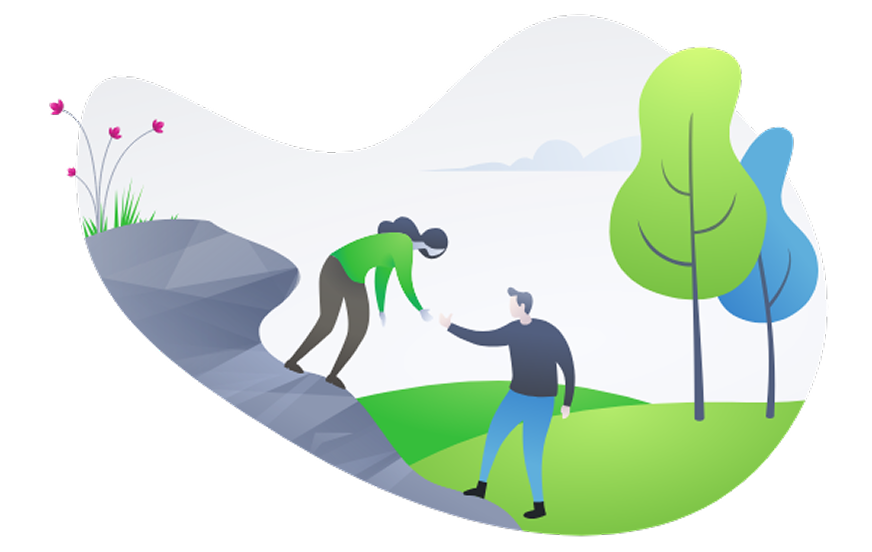 Illustration of a person helping another climb a rocky cliff