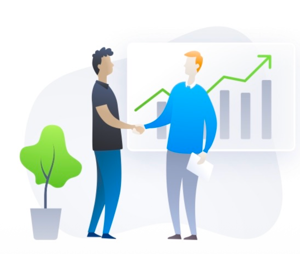 Illustration of two people shaking hands in front of a growth chart