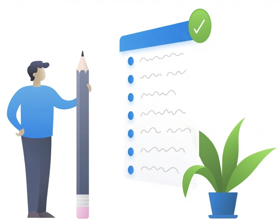 Illustration of a person with a giant pencil next to a checklist