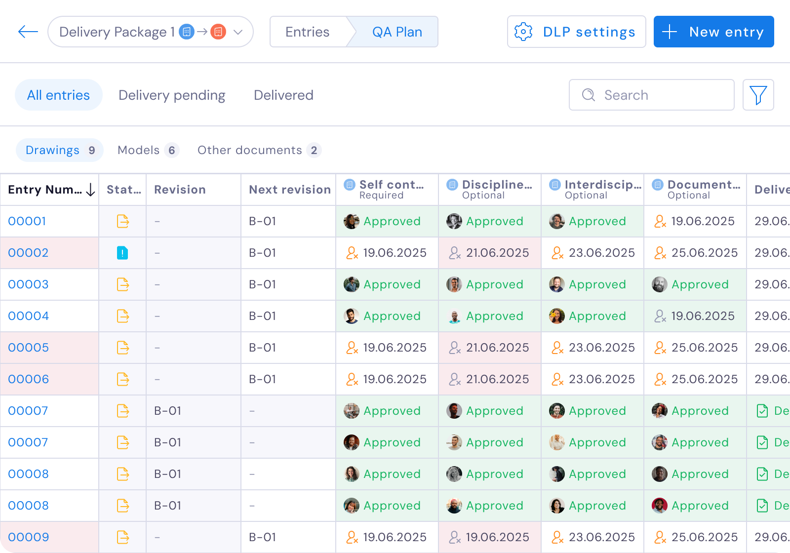 QA Plan entries table with approval status per discipline