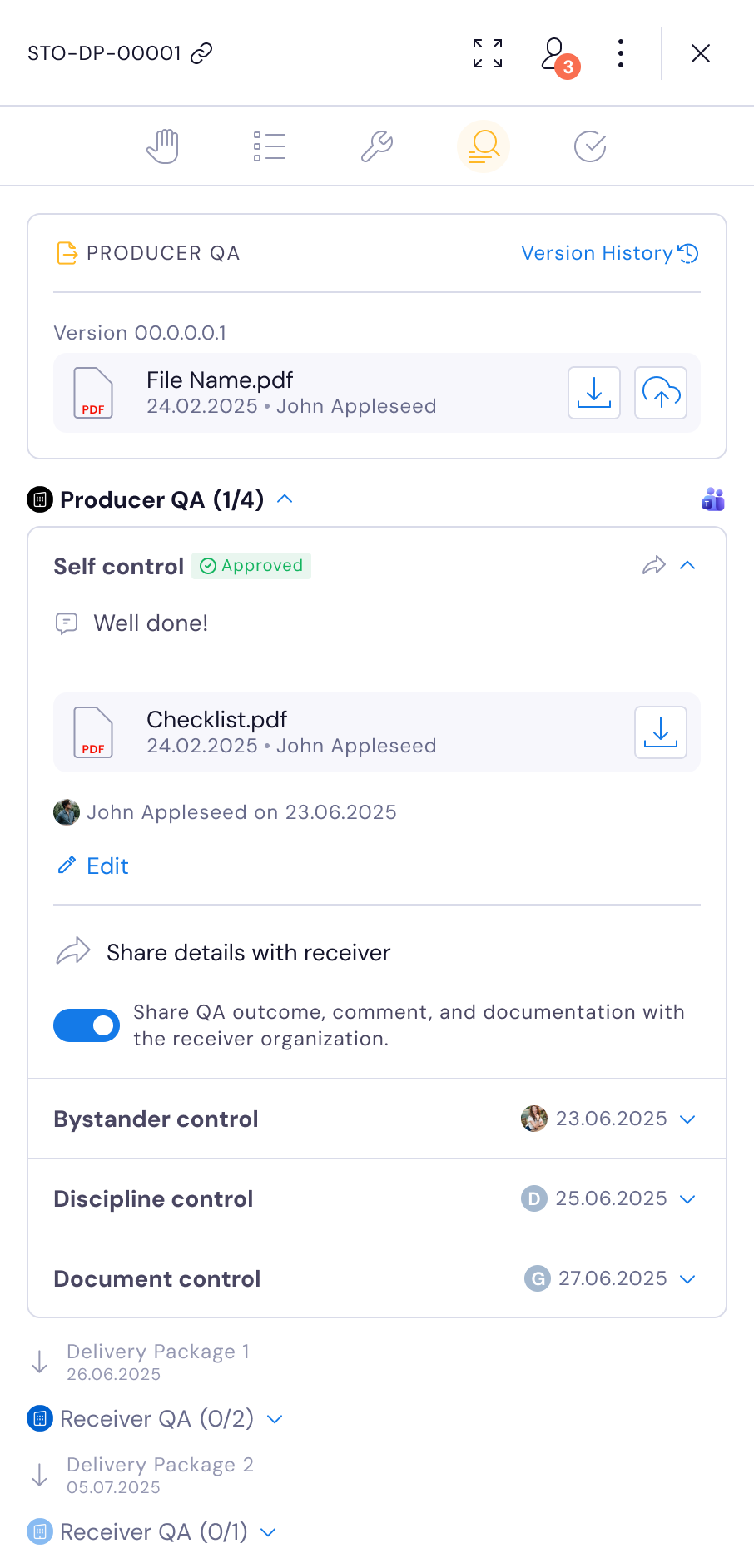 QA panel showing document approvals and delivery package status